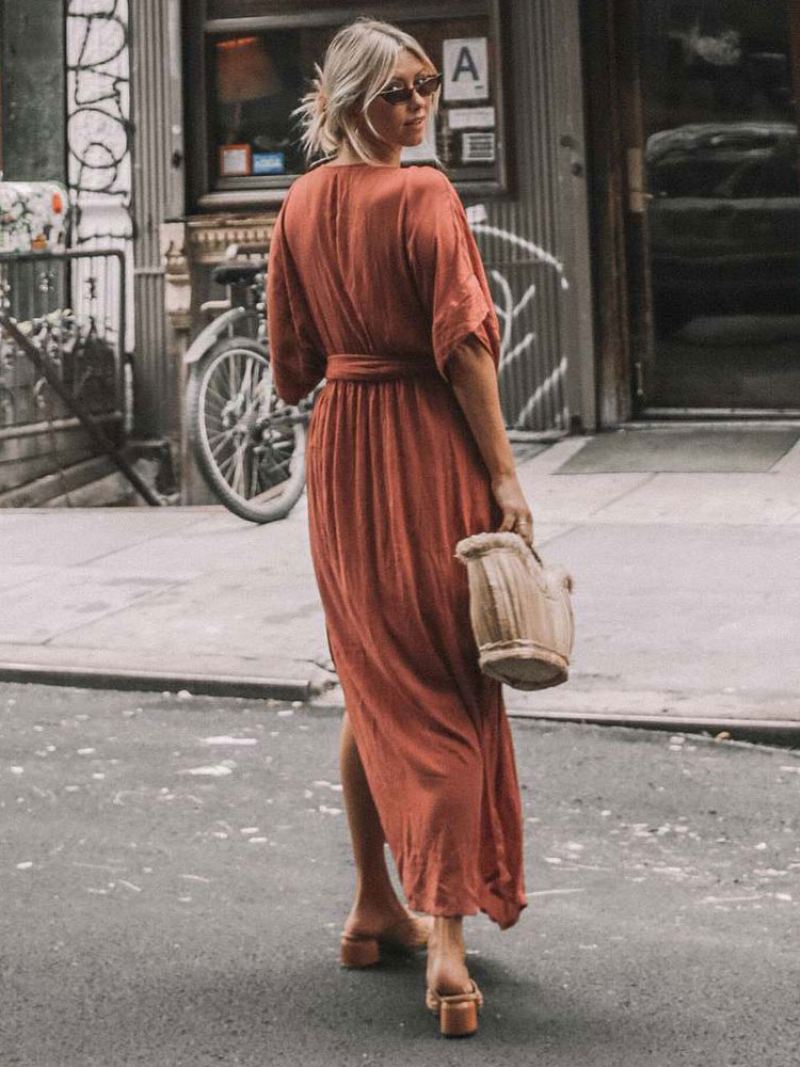 Boho-jurk Dames Duik Halve Mouwen Zomerstrand-maxi-jurken Met Riem - Oranjerood