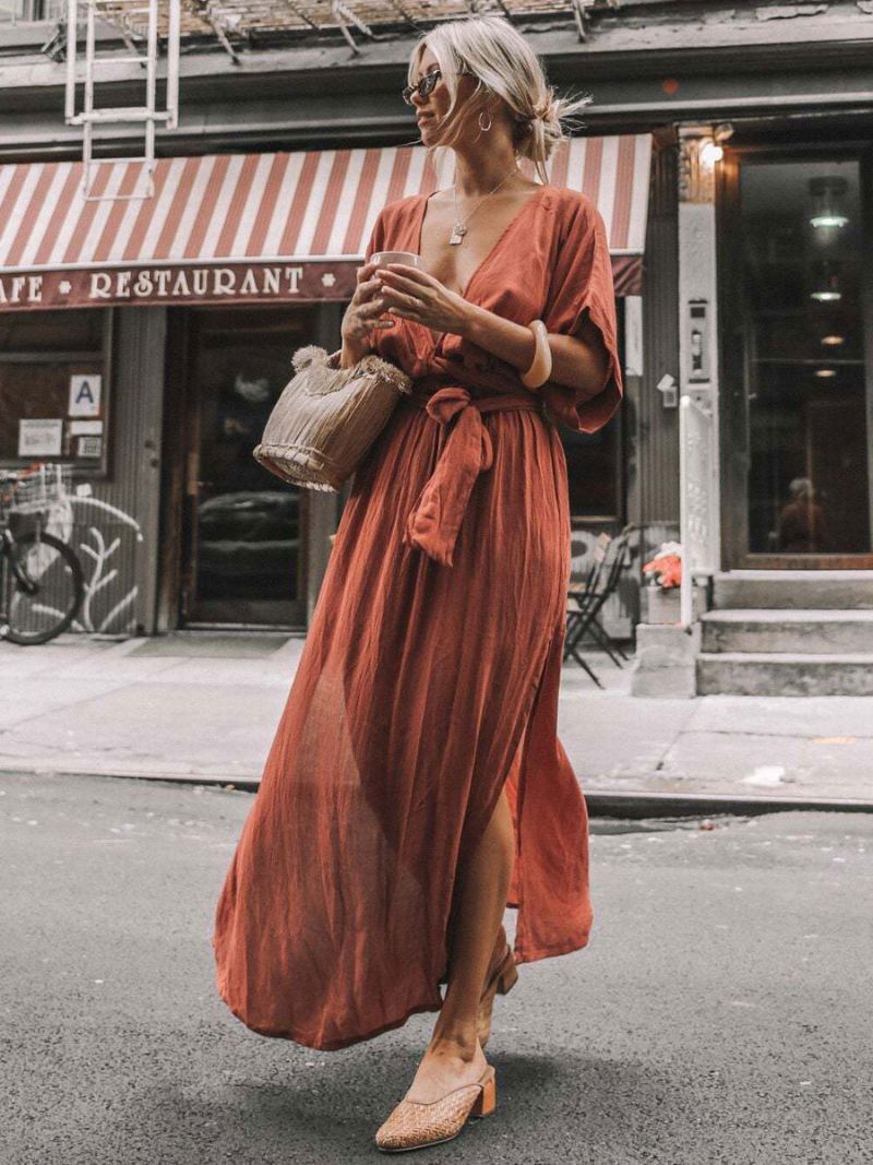 Boho-jurk Dames Duik Halve Mouwen Zomerstrand-maxi-jurken Met Riem - Oranjerood