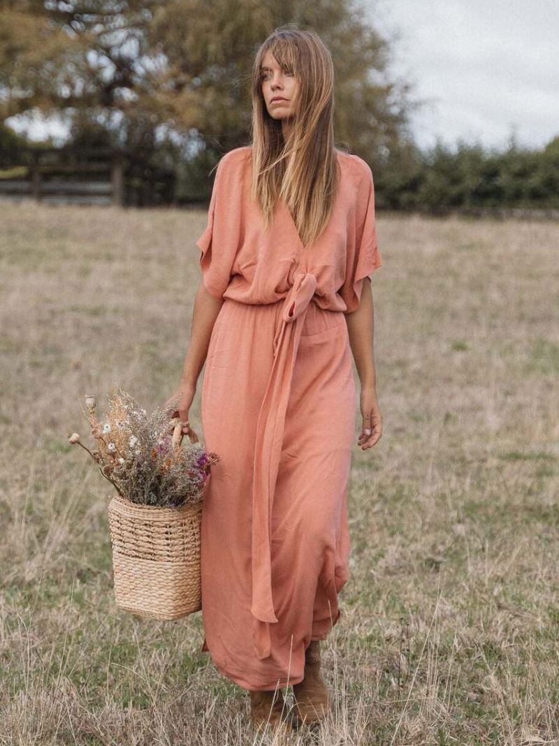 Boho-jurk Dames Duik Halve Mouwen Zomerstrand-maxi-jurken Met Riem - Roze