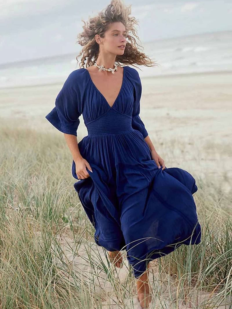 Boho-jurk Dames Geplooide V-hals Driekwart Mouwen Strand-maxi-jurken