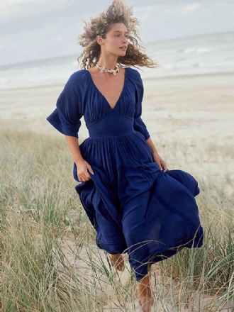 Boho-jurk Dames Geplooide V-hals Driekwart Mouwen Strand-maxi-jurken