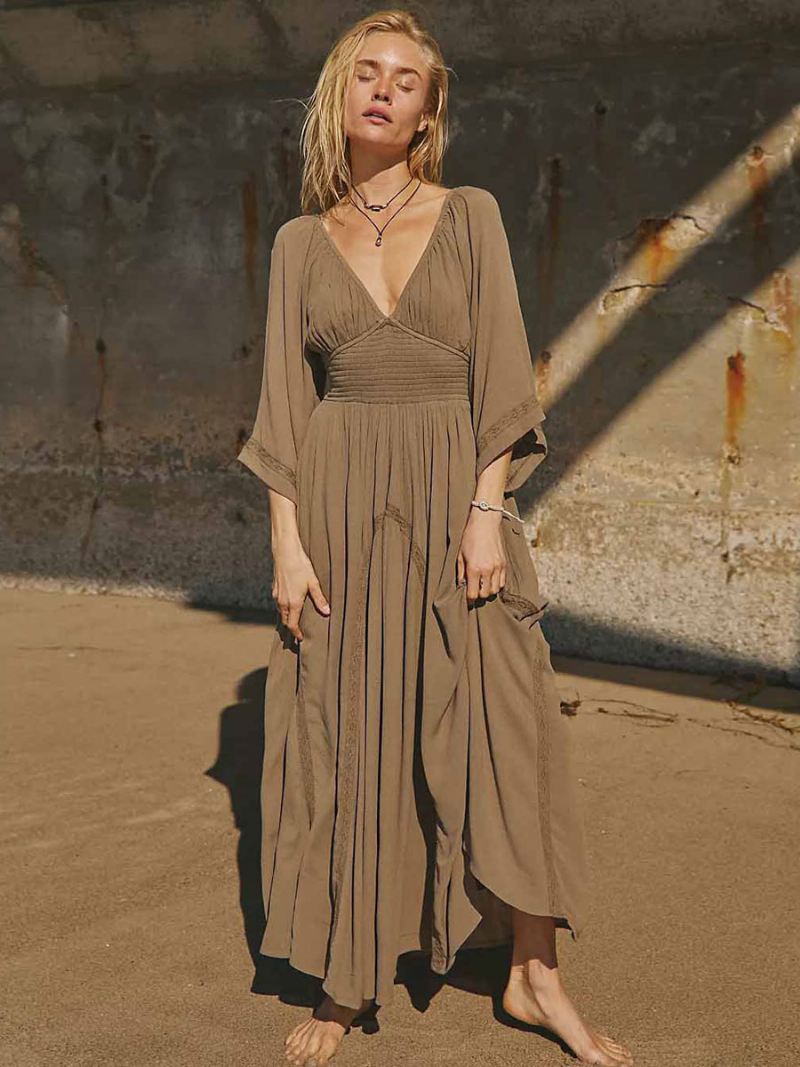 Boho-jurk Dames Geplooide V-hals Driekwart Mouwen Strand-maxi-jurken - Koffie Bruin