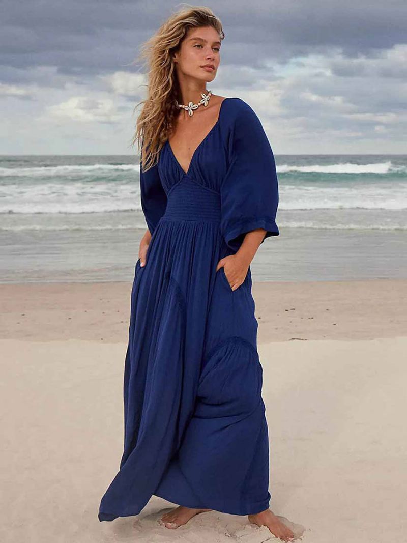 Boho-jurk Dames Geplooide V-hals Driekwart Mouwen Strand-maxi-jurken - Blauw