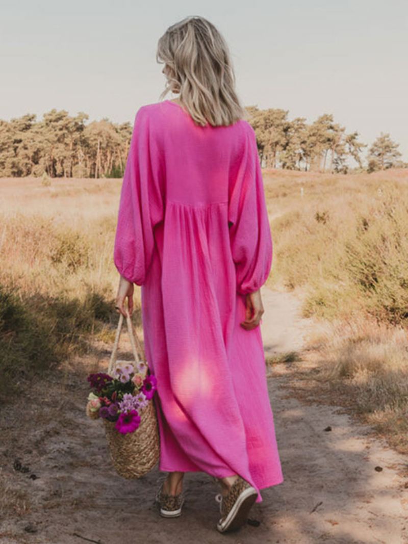 Boho-jurk Dames Geplooide V-hals Lange Mouwen Dagelijkse Casual Maxi-jurken - Roos