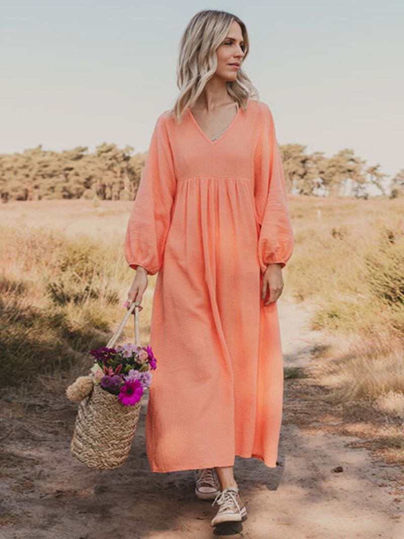 Boho-jurk Dames Geplooide V-hals Lange Mouwen Dagelijkse Casual Maxi-jurken - Oranje