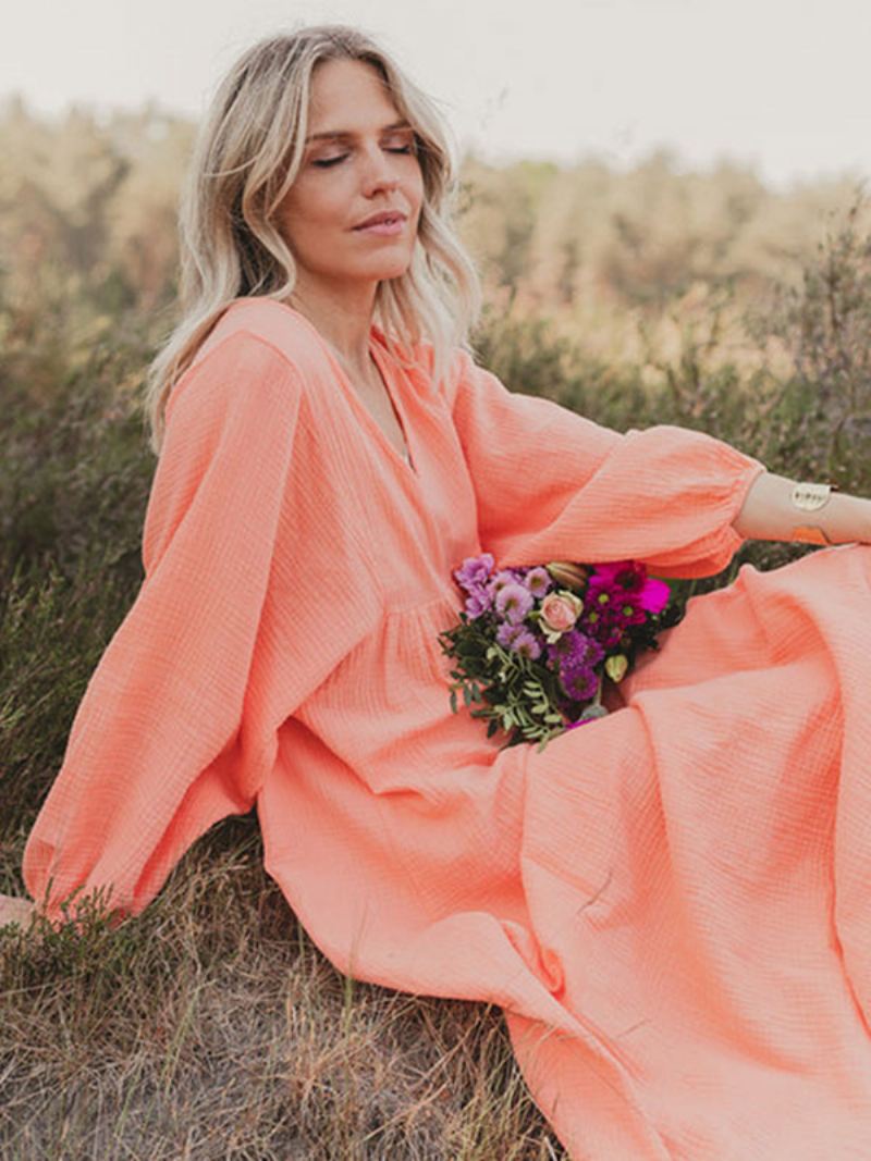 Boho-jurk Dames Geplooide V-hals Lange Mouwen Dagelijkse Casual Maxi-jurken - Oranje