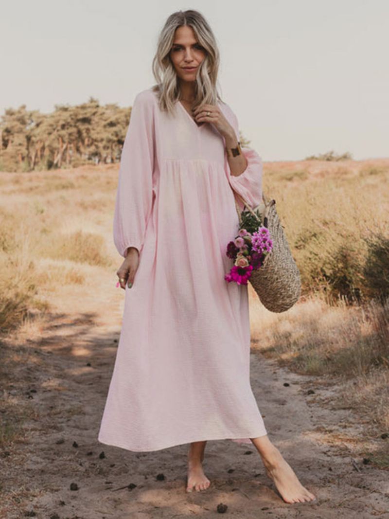 Boho-jurk Dames Geplooide V-hals Lange Mouwen Dagelijkse Casual Maxi-jurken - Roze