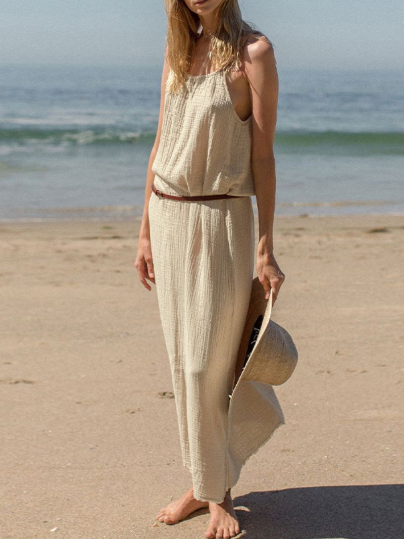 Boho-jurk Dames Mouwloze Oversized Strandjurk Met Veters Halslijn - Lichtgeel