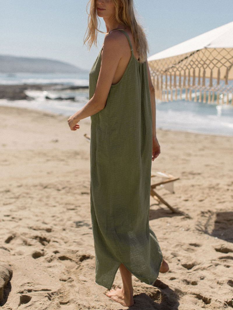 Boho-jurk Dames Mouwloze Oversized Strandjurk Met Veters Halslijn - Olijf