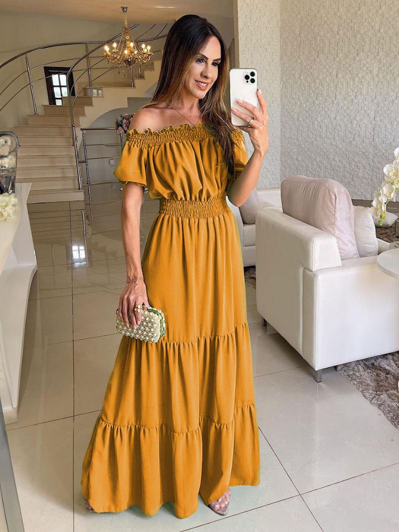 Boho-jurk Dames Off-shoulder Geplooide Gelaagde Casual Zomer Maxi-jurken - Geel