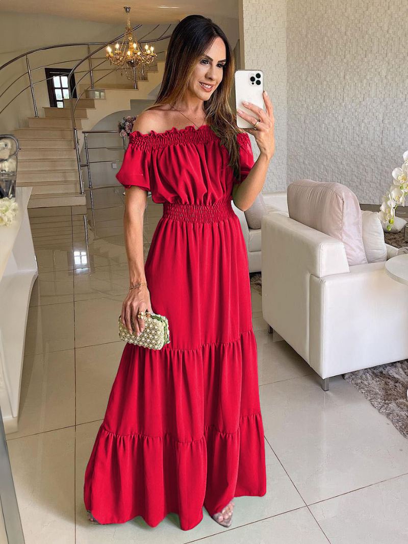 Boho-jurk Dames Off-shoulder Geplooide Gelaagde Casual Zomer Maxi-jurken - Rood