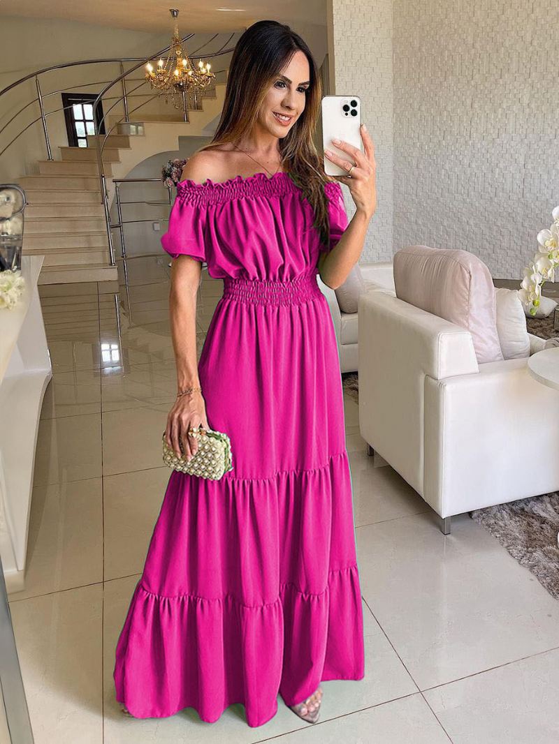 Boho-jurk Dames Off-shoulder Geplooide Gelaagde Casual Zomer Maxi-jurken - Roze