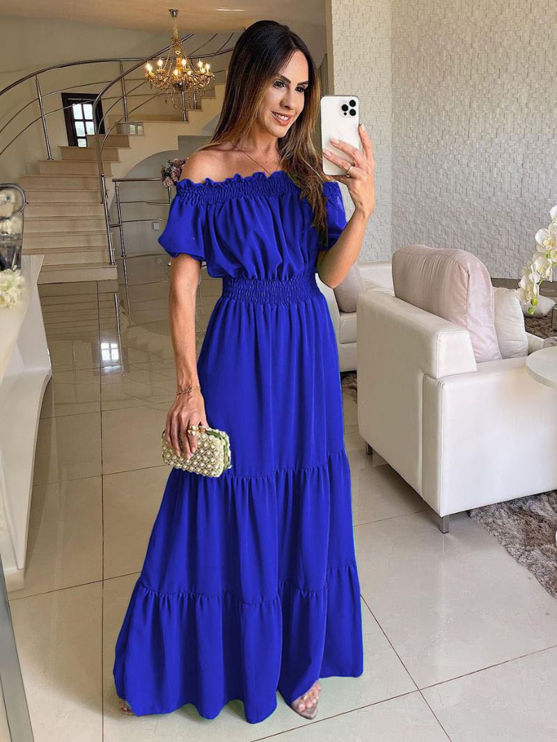 Boho-jurk Dames Off-shoulder Geplooide Gelaagde Casual Zomer Maxi-jurken - Koningsblauw