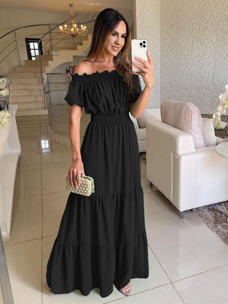 Boho-jurk Dames Off-shoulder Geplooide Gelaagde Casual Zomer Maxi-jurken - Zwart