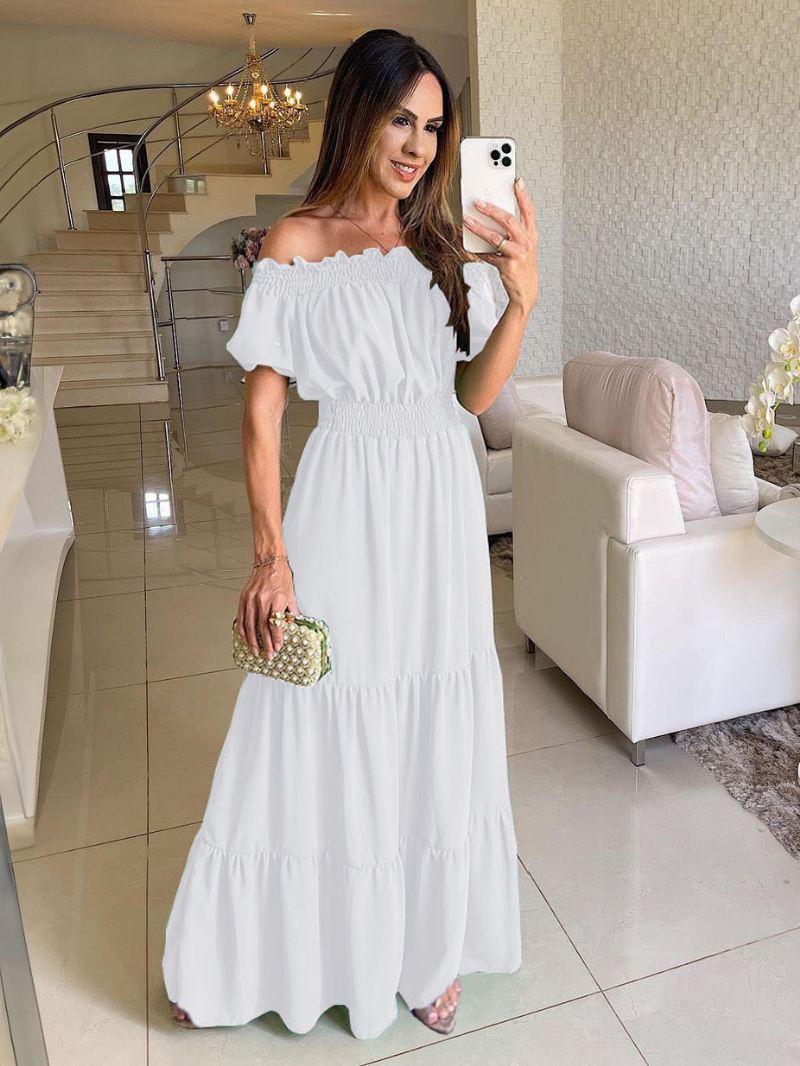 Boho-jurk Dames Off-shoulder Geplooide Gelaagde Casual Zomer Maxi-jurken - Wit