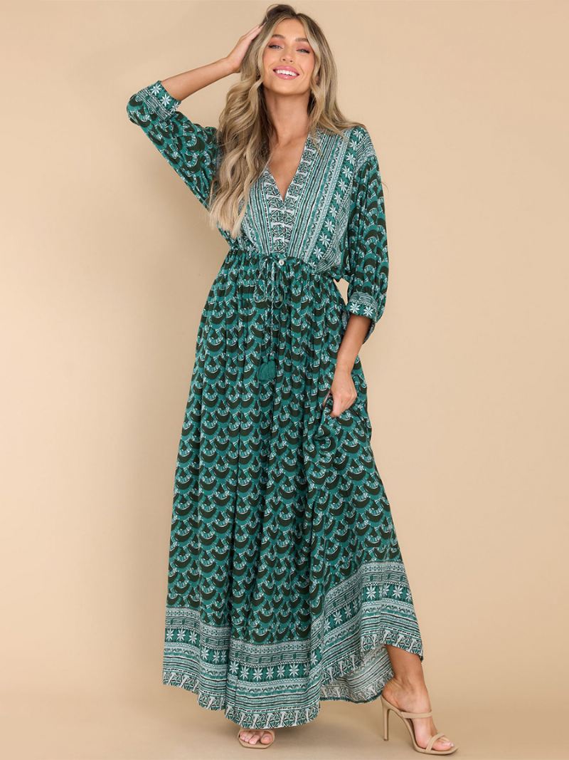 Boho-jurk Dames Print V-hals Hoog Uitgesneden Dagelijkse Casual Maxi-strandjurken - Groente