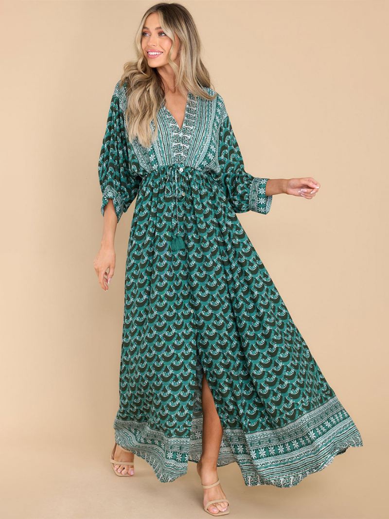 Boho-jurk Dames Print V-hals Hoog Uitgesneden Dagelijkse Casual Maxi-strandjurken - Groente