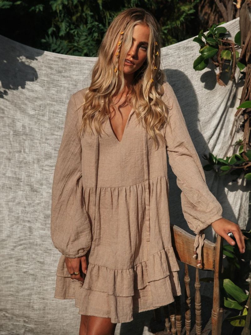 Boho-jurk Dames Sjerp V-hals Lange Mouwen Oversized Strandjurk - Koffie Bruin