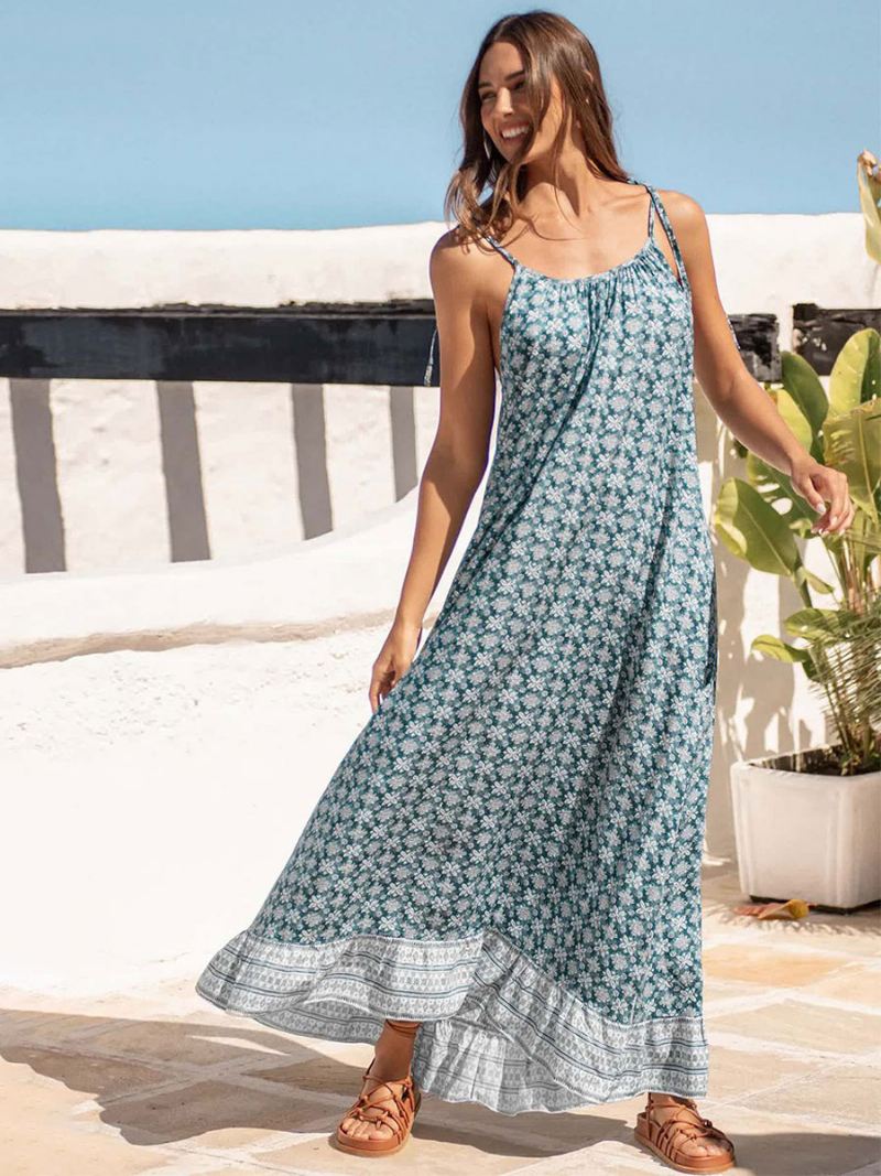 Boho-jurk Dames Spaghettibandjes Bandjes Hals Mouwloos Bedrukt Oversized Strandjurk - Licht Hemelsblauw