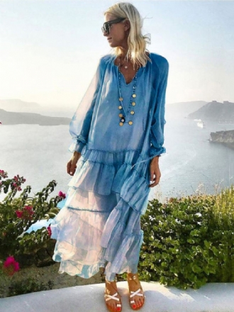 Boho-jurk Dames Strandjurk Met V-hals Lange Mouwen