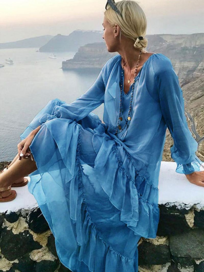 Boho-jurk Dames Strandjurk Met V-hals Lange Mouwen - Blauw