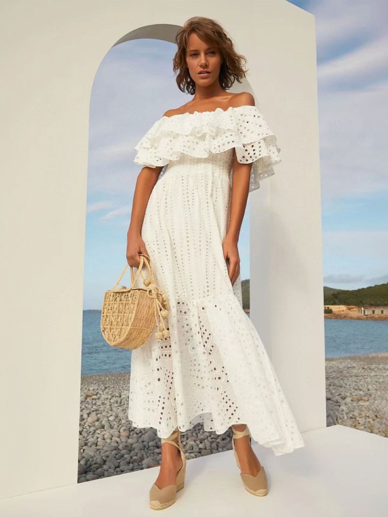 Boho-jurk Dames Strapless Mouwloze Gelaagde Kanten Zomerjurk Met Bateau-hals - Wit