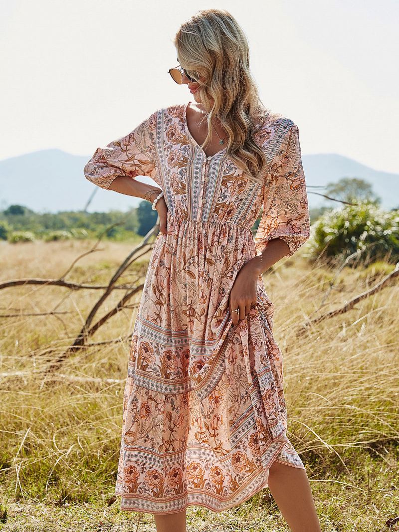 Boho-jurk Dames V-hals Halve Mouwen Bloemenprint Stretch Geplooide Maxi-strandjurk - Diep Lichtgeel