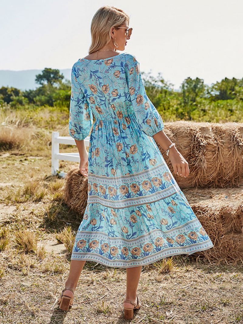 Boho-jurk Dames V-hals Halve Mouwen Bloemenprint Stretch Geplooide Maxi-strandjurk - Licht Hemelsblauw