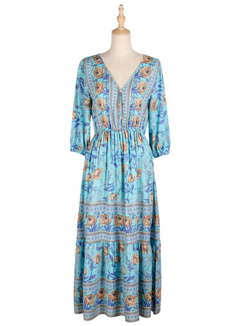 Boho-jurk Dames V-hals Halve Mouwen Bloemenprint Stretch Geplooide Maxi-strandjurk - Licht Hemelsblauw