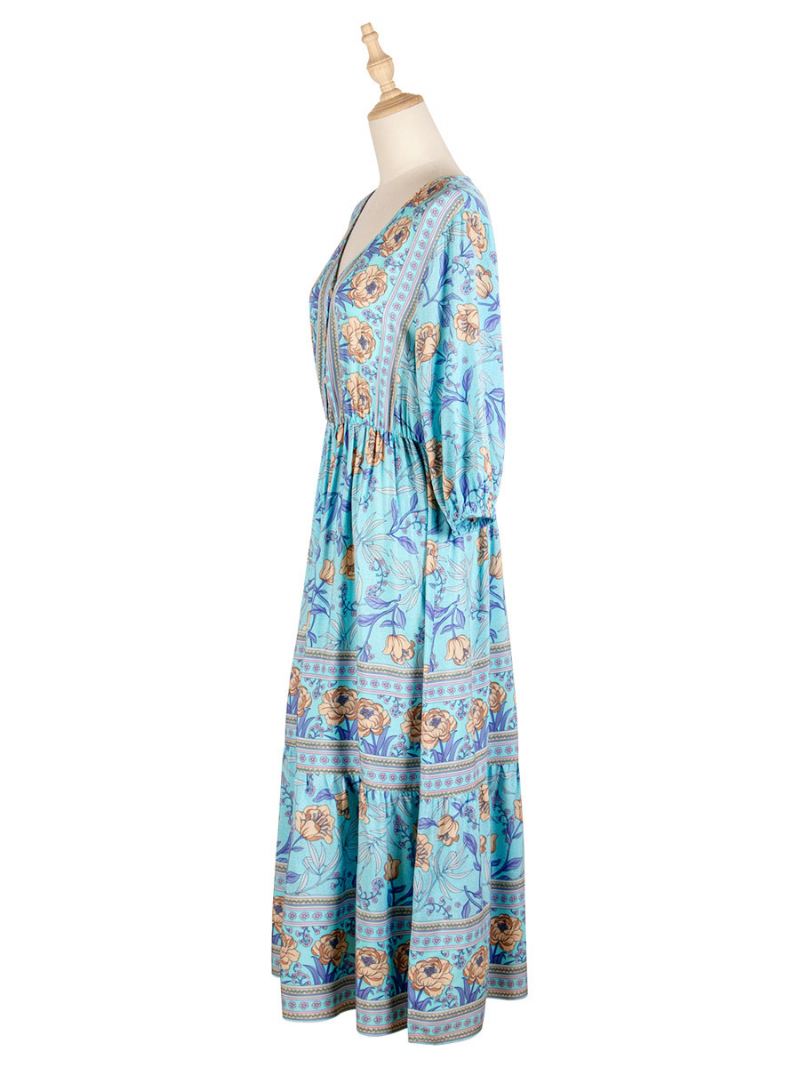 Boho-jurk Dames V-hals Halve Mouwen Bloemenprint Stretch Geplooide Maxi-strandjurk - Licht Hemelsblauw