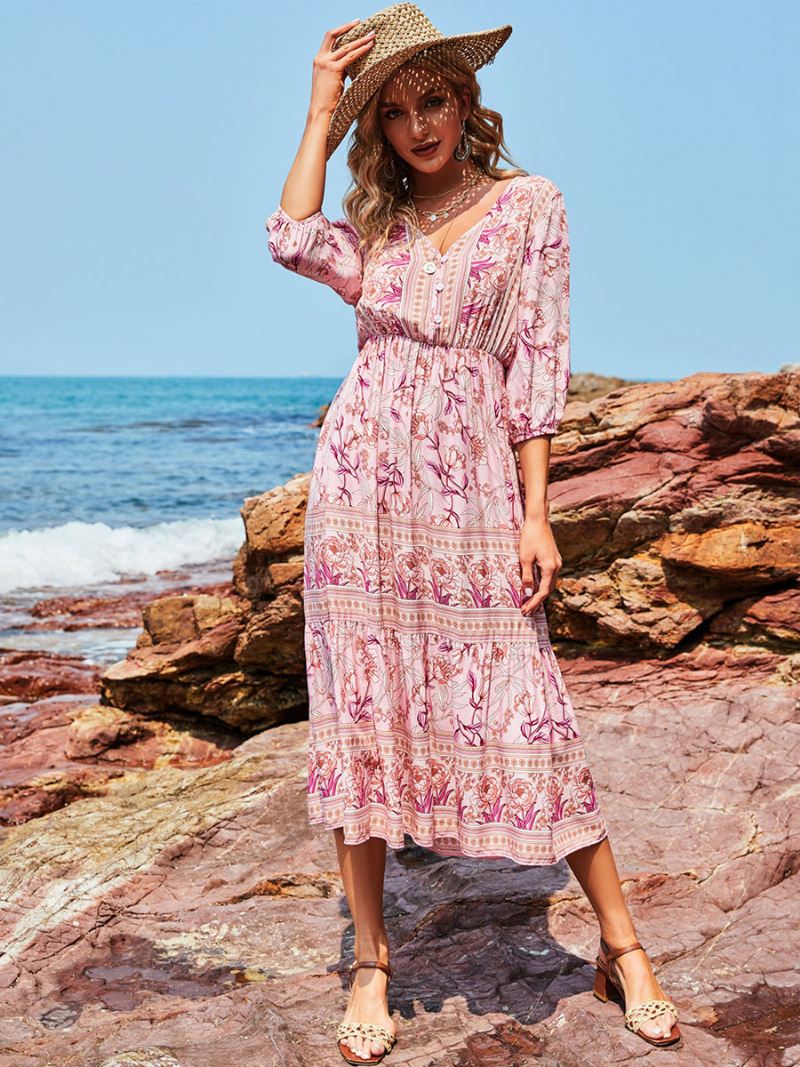 Boho-jurk Dames V-hals Halve Mouwen Bloemenprint Stretch Geplooide Maxi-strandjurk - Roze