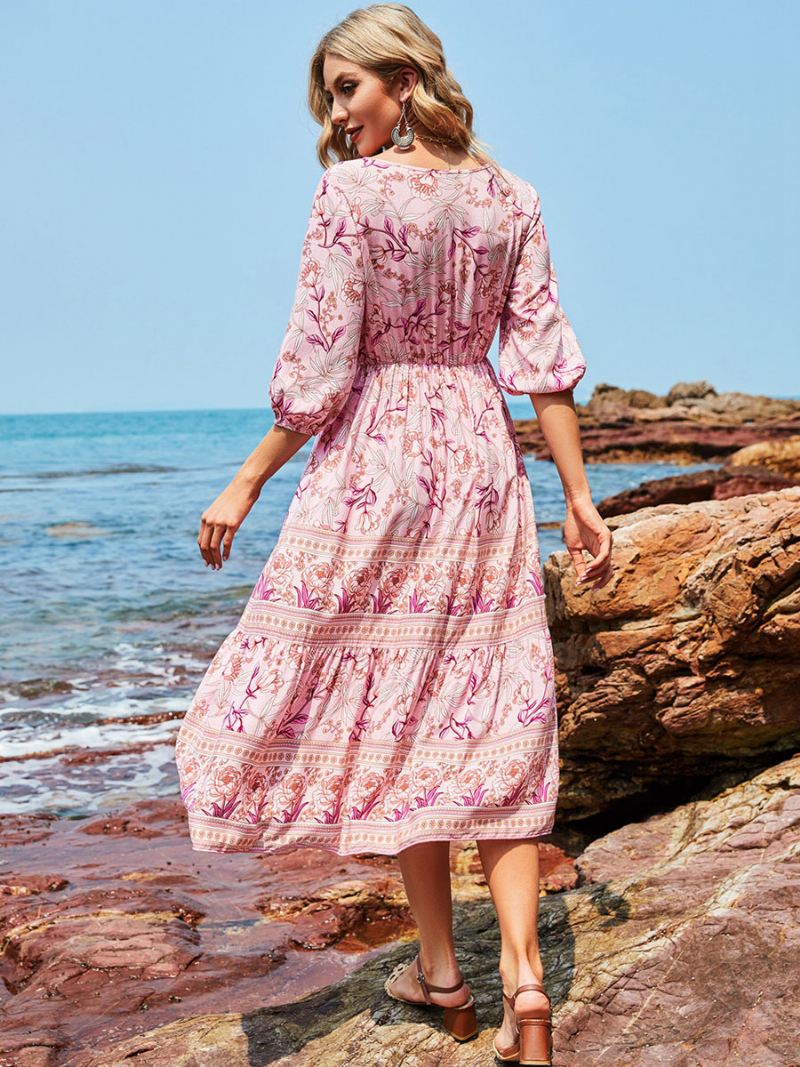 Boho-jurk Dames V-hals Halve Mouwen Bloemenprint Stretch Geplooide Maxi-strandjurk - Roze