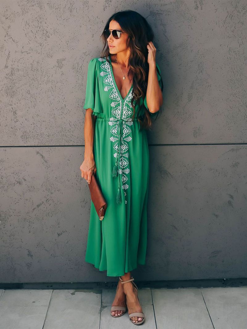 Boho-jurk Dames V-hals Korte Mouwen Tweekleurige Strandjurk Met Veters - Groen