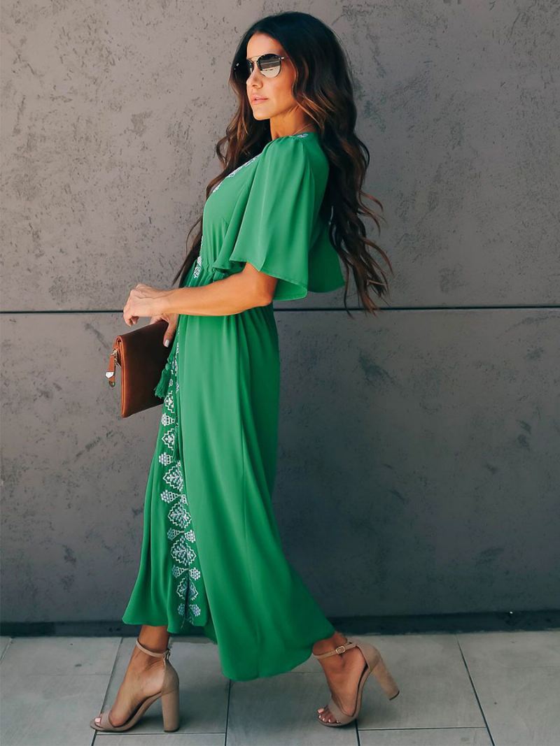 Boho-jurk Dames V-hals Korte Mouwen Tweekleurige Strandjurk Met Veters - Groen