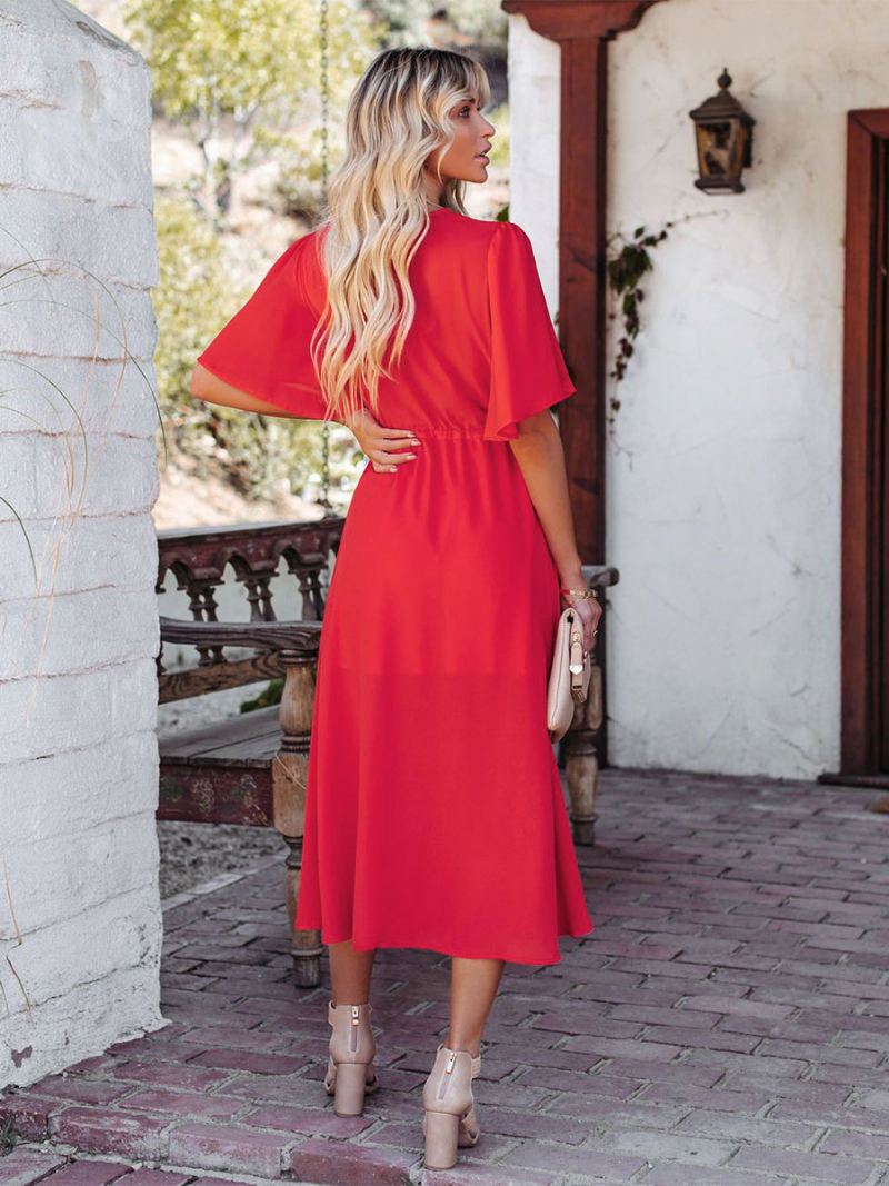 Boho-jurk Dames V-hals Korte Mouwen Tweekleurige Strandjurk Met Veters - Rood