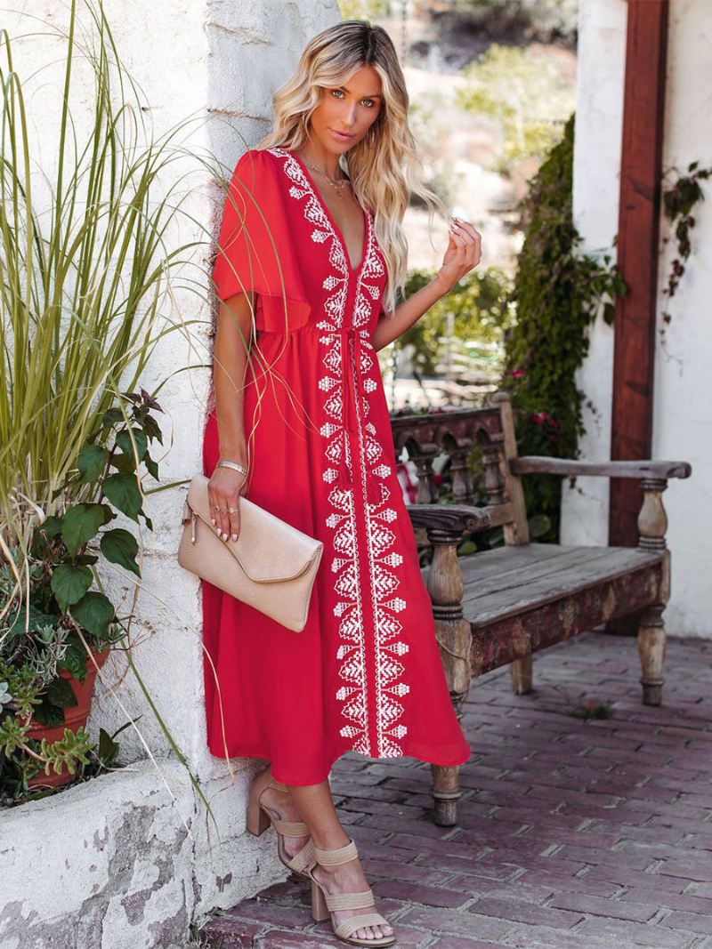 Boho-jurk Dames V-hals Korte Mouwen Tweekleurige Strandjurk Met Veters - Rood