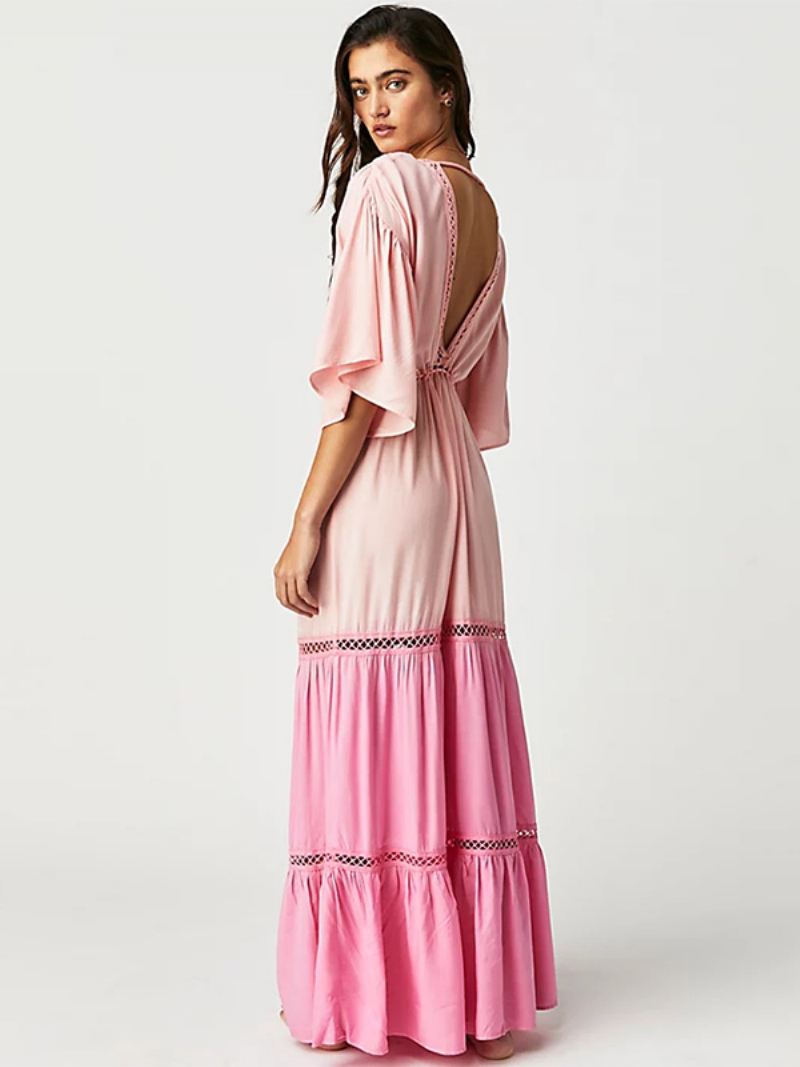 Boho-jurk Dames V-hals Laag Uitgesneden Rug Ruches Gelaagde Holle Maxi-jurken - Roze