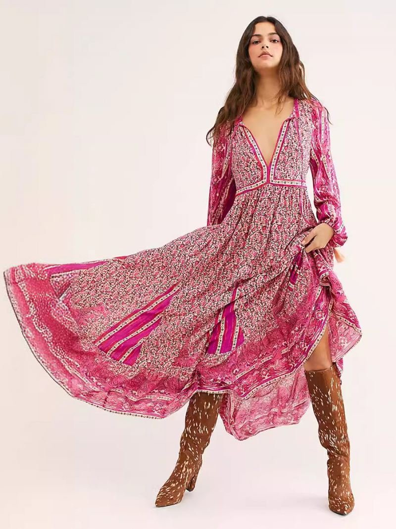 Boho-jurk Dames V-hals Lange Mouwen Bloemenprint Zomerjurk Met Veters - Roze