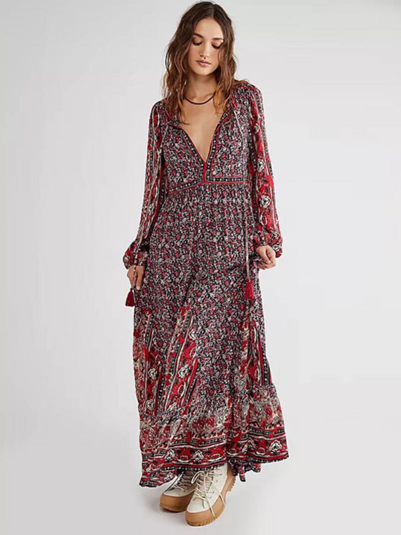 Boho-jurk Dames V-hals Lange Mouwen Bloemenprint Zomerjurk Met Veters - Bordeaux