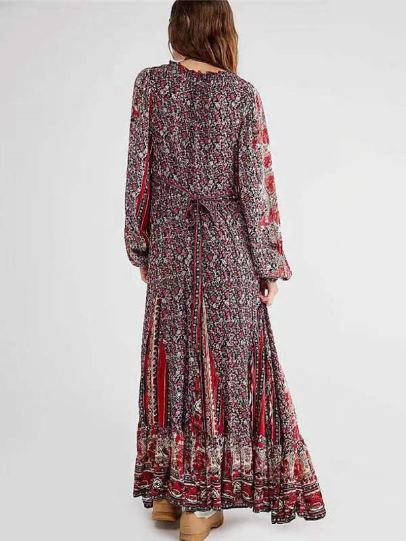 Boho-jurk Dames V-hals Lange Mouwen Bloemenprint Zomerjurk Met Veters - Bordeaux