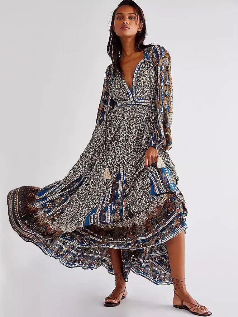 Boho-jurk Dames V-hals Lange Mouwen Bloemenprint Zomerjurk Met Veters - Blauw