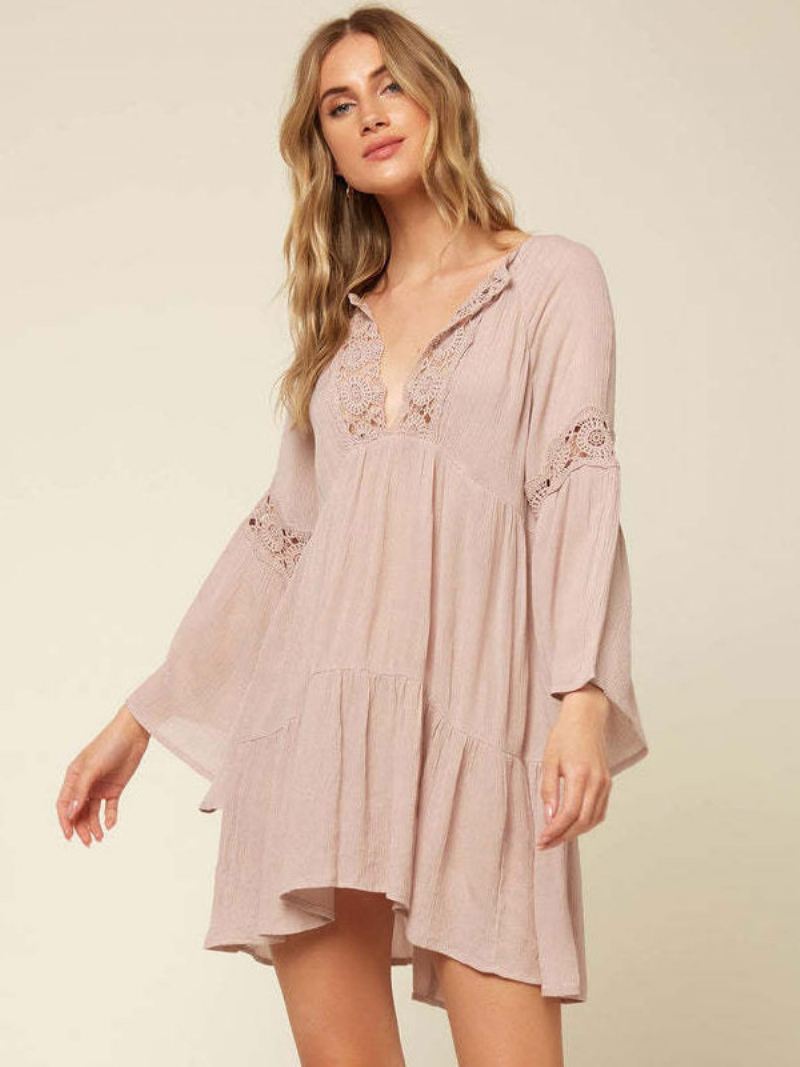 Boho-jurk Dames V-hals Lange Mouwen Oversized Uitgesneden Zomerjurk - Lichtroze