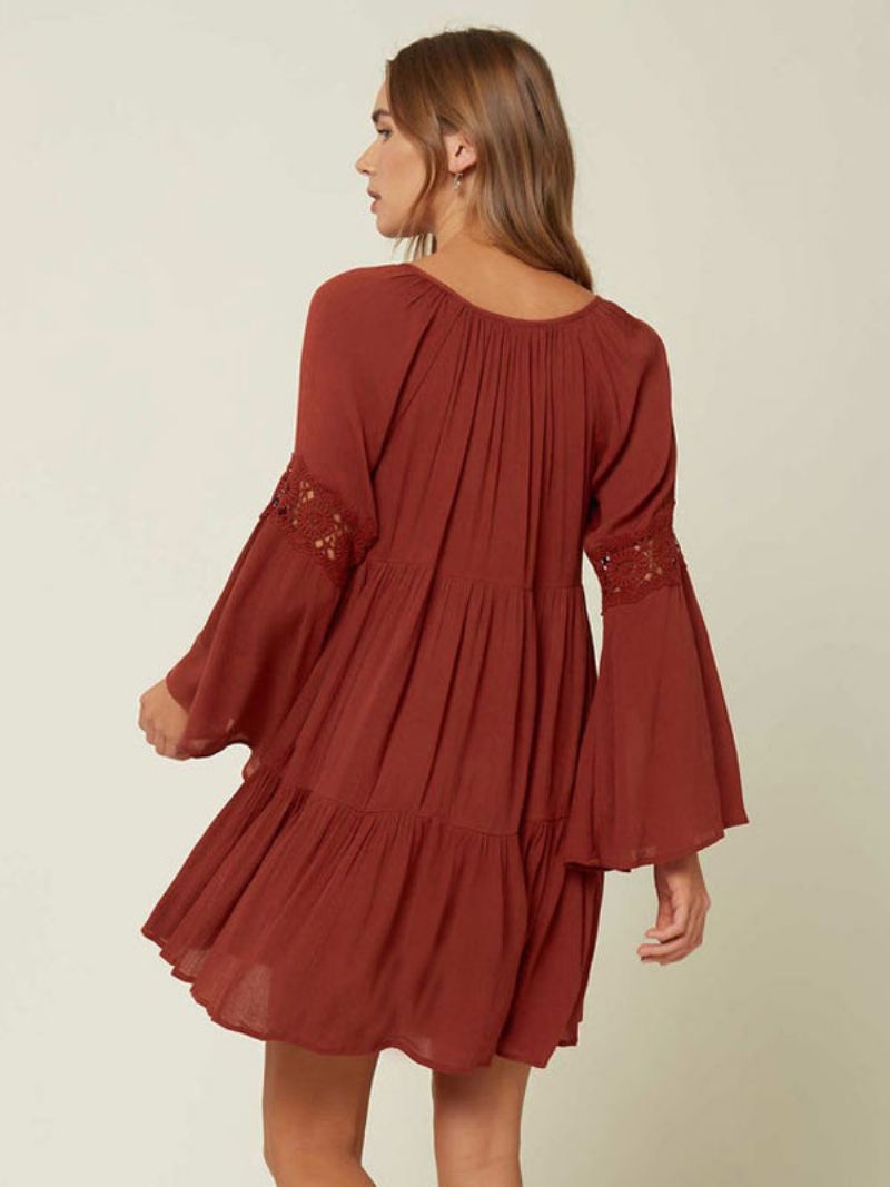 Boho-jurk Dames V-hals Lange Mouwen Oversized Uitgesneden Zomerjurk - Bordeauxrood