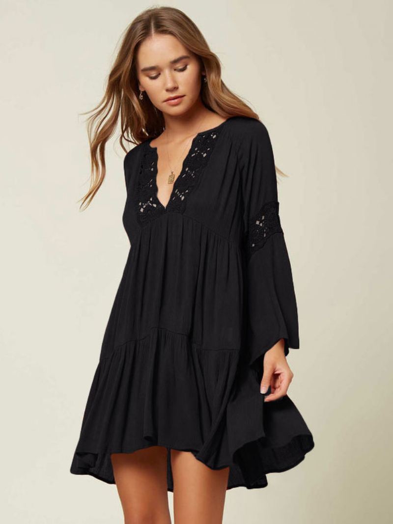 Boho-jurk Dames V-hals Lange Mouwen Oversized Uitgesneden Zomerjurk - Zwart