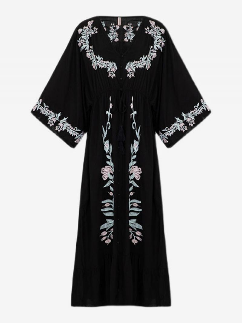 Boho-jurk Diepe V-hals 3/4-lengte Mouw Zwart Geborduurd Boheems Zigeunerstrandvakantie Katoen Lente Zomer Lange Jurk Dames - Zwart