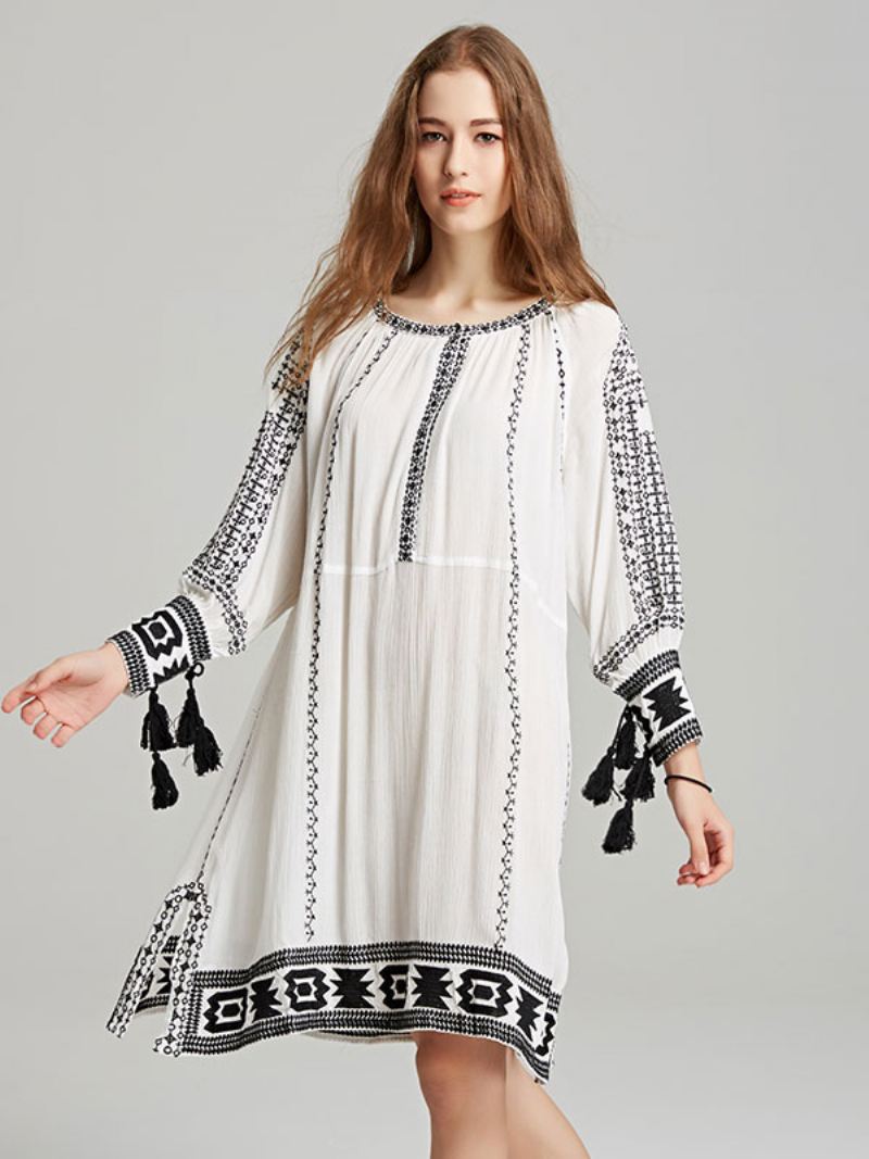 Boho Jurk Diepe V-hals Lichtbruin Kwastje Lange Mouwen Geborduurd Bohemien Zigeuner Strandvakantie Lente Zomer Korte Dames - Wit