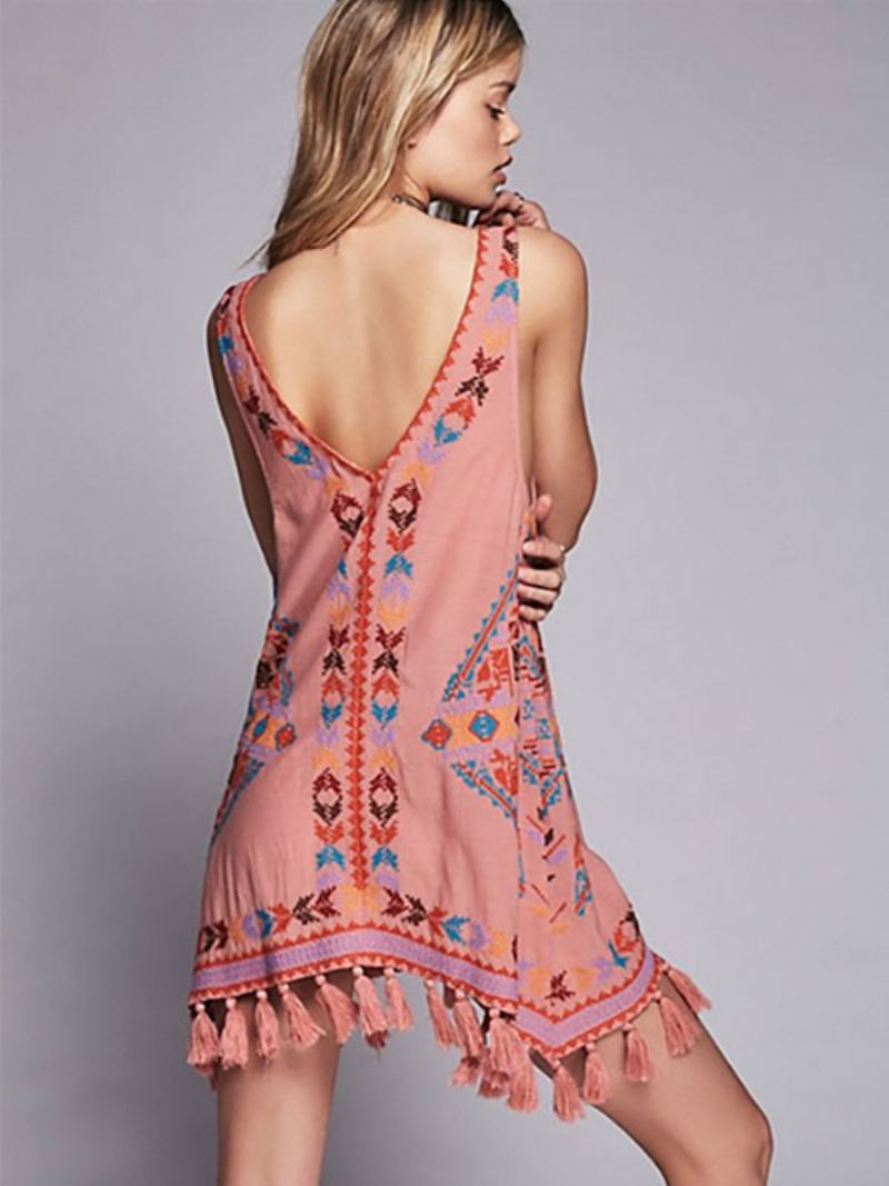 Boho-jurk Geborduurd Roze V-hals Mouwloos Boheemse Zigeunerstrandvakantie Zomer Korte Tankjurk Dames - Roze