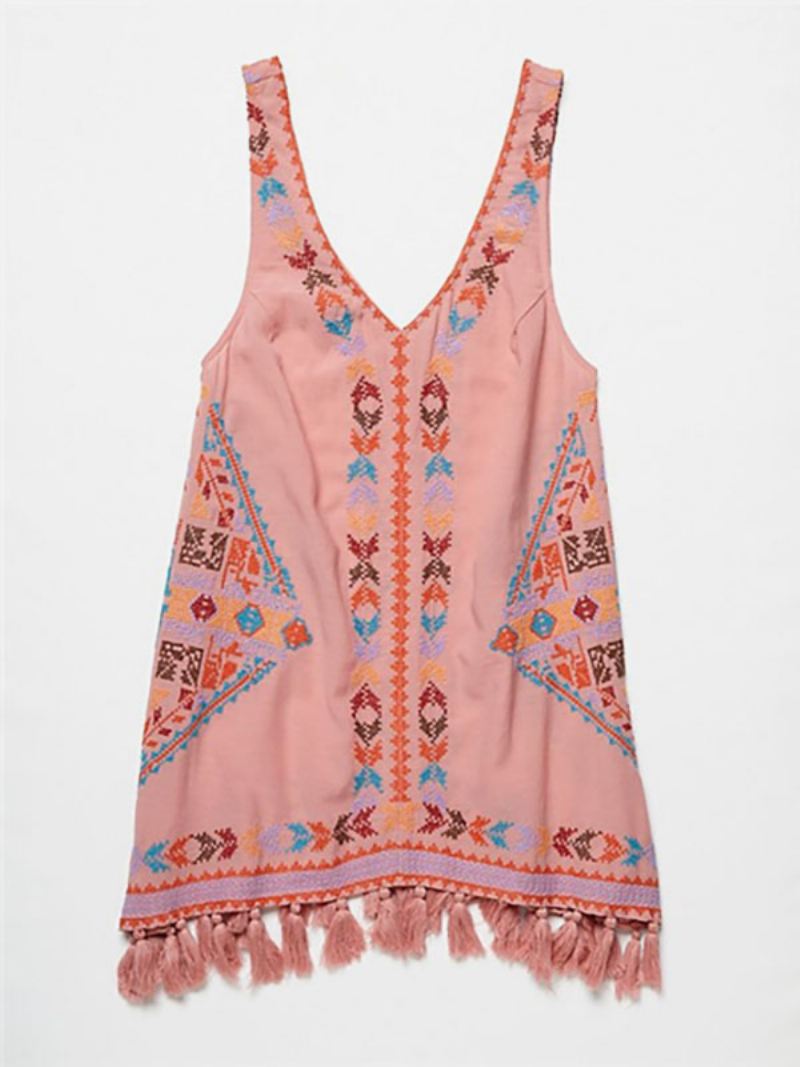 Boho-jurk Geborduurd Roze V-hals Mouwloos Boheemse Zigeunerstrandvakantie Zomer Korte Tankjurk Dames - Roze