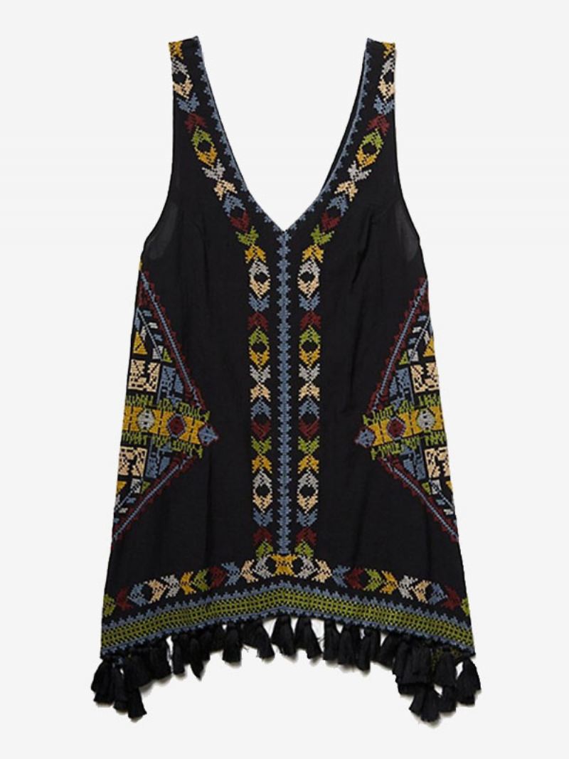 Boho-jurk Geborduurd Roze V-hals Mouwloos Boheemse Zigeunerstrandvakantie Zomer Korte Tankjurk Dames - Zwart