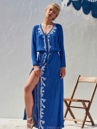 Boho-jurk Licht Hemelsblauw V-hals Lange Mouwen Hoge Split Geborduurd Boheems Zigeunerstrandvakantie Lente Zomer Jurk Dames